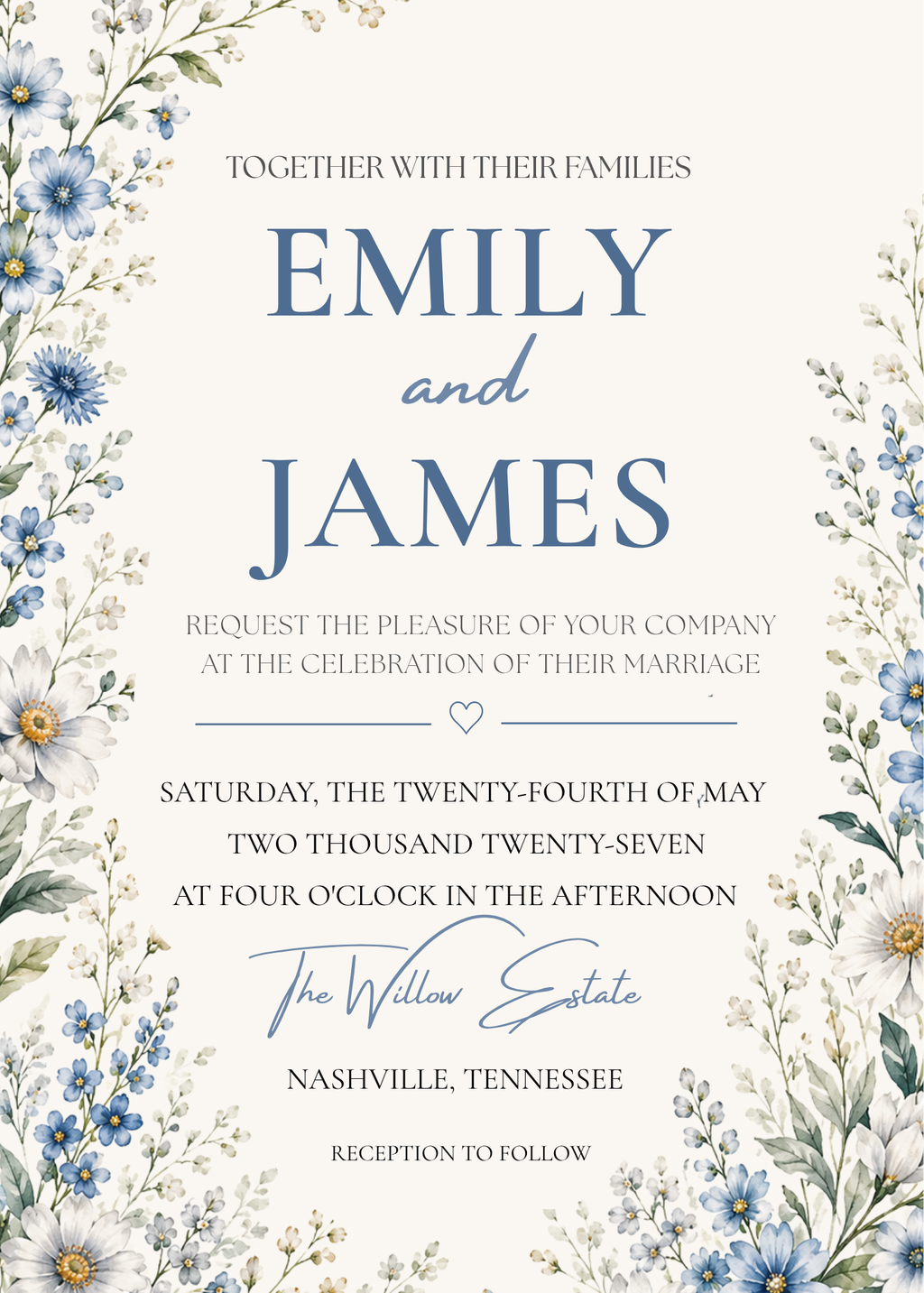 Editable Blue Vintage Wildflower Wedding Invitation Suite Template