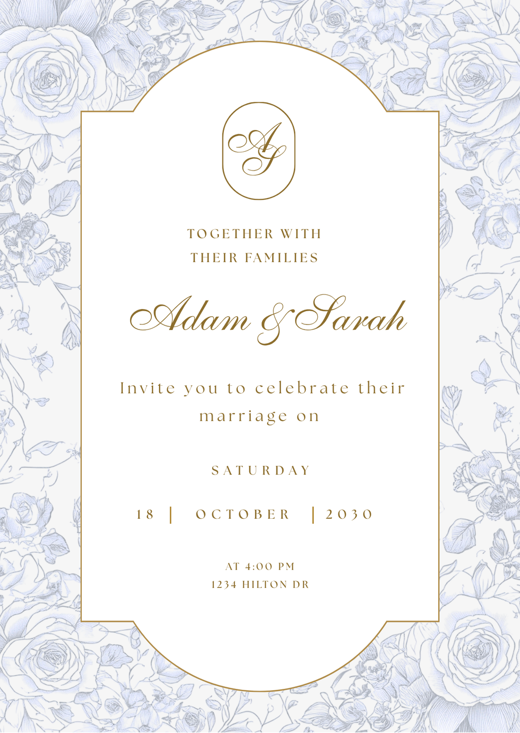 Editable Blue and White Floral Toile Wedding Invitation Suite Template