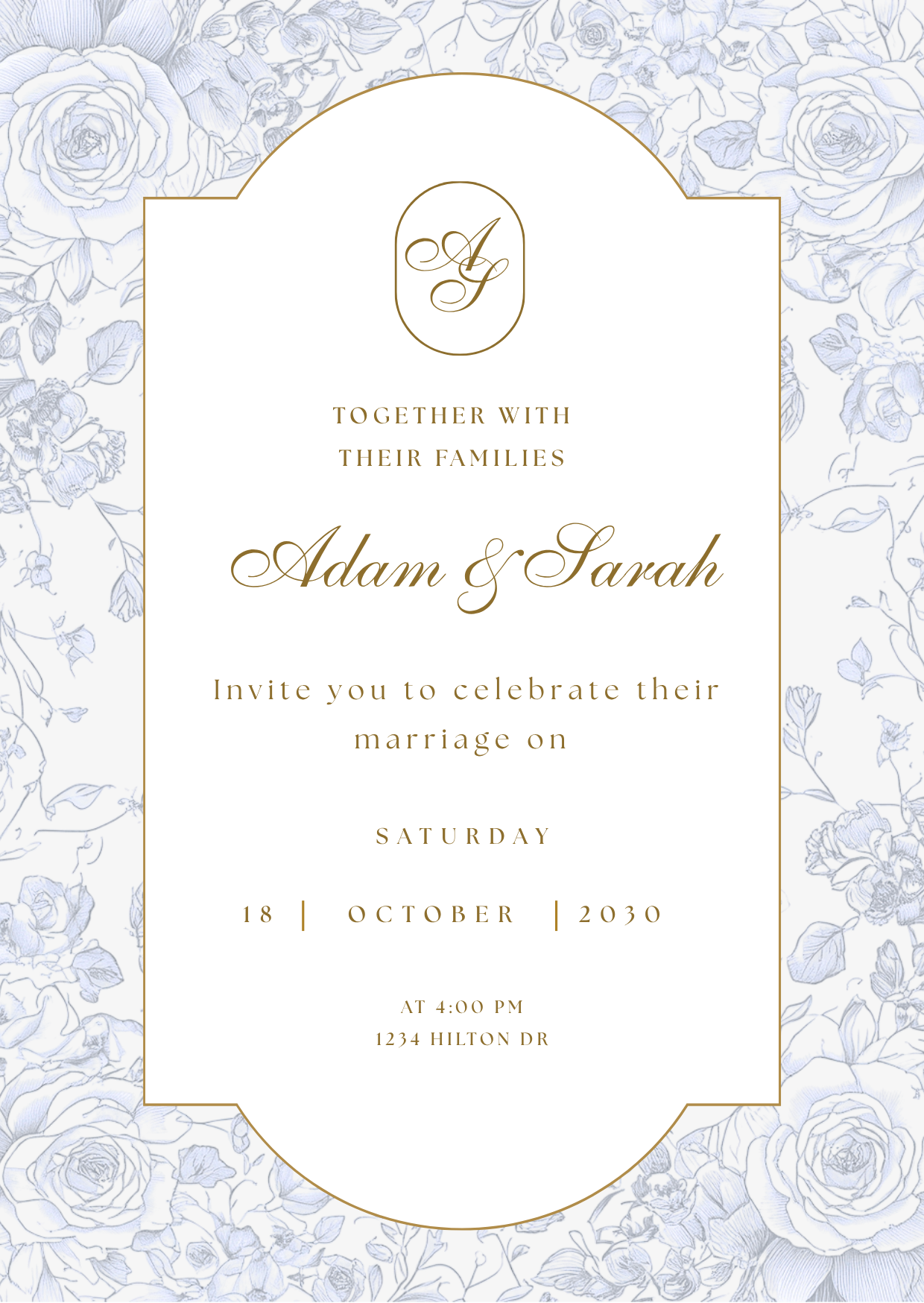 Editable Blue and White Floral Toile Wedding Invitation Suite Template