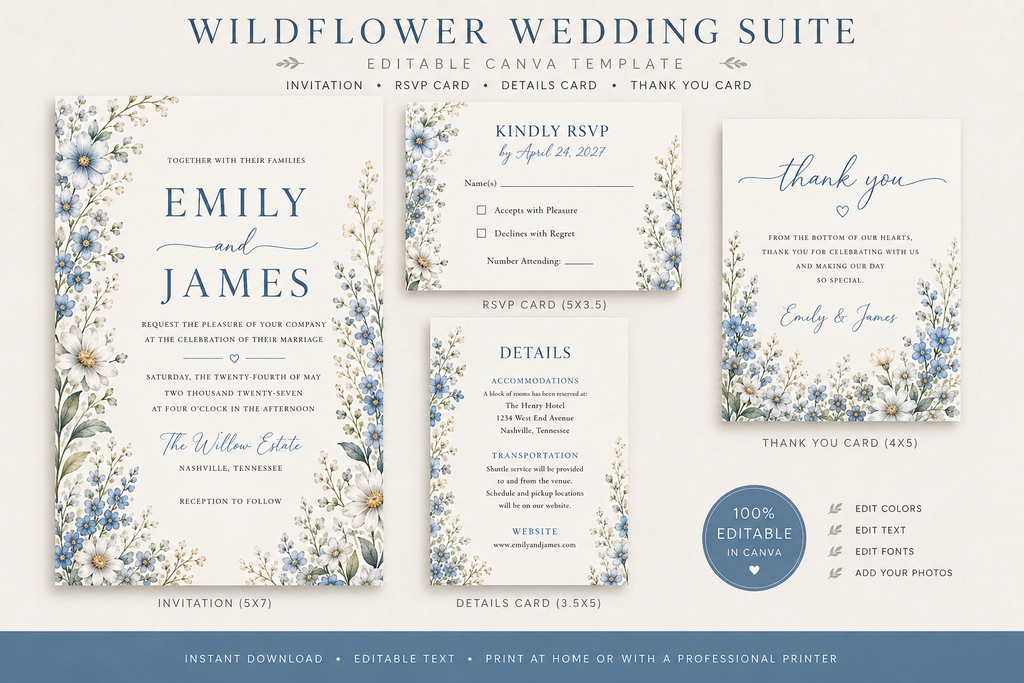 Editable Blue Vintage Wildflower Wedding Invitation Suite Template