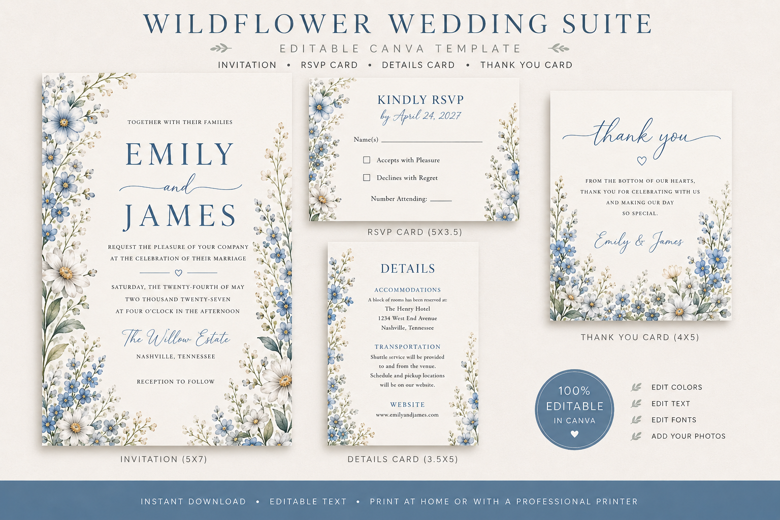 Editable Blue Vintage Wildflower Wedding Invitation Suite Template