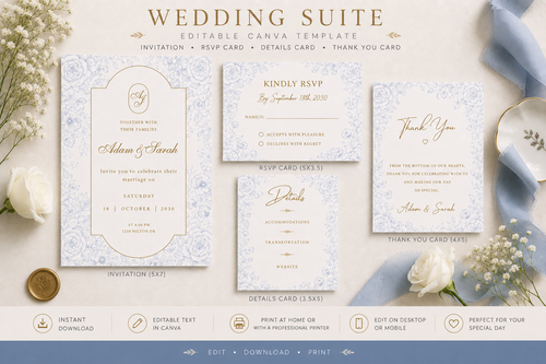 Editable Blue and White Floral Toile Wedding Invitation Suite Template