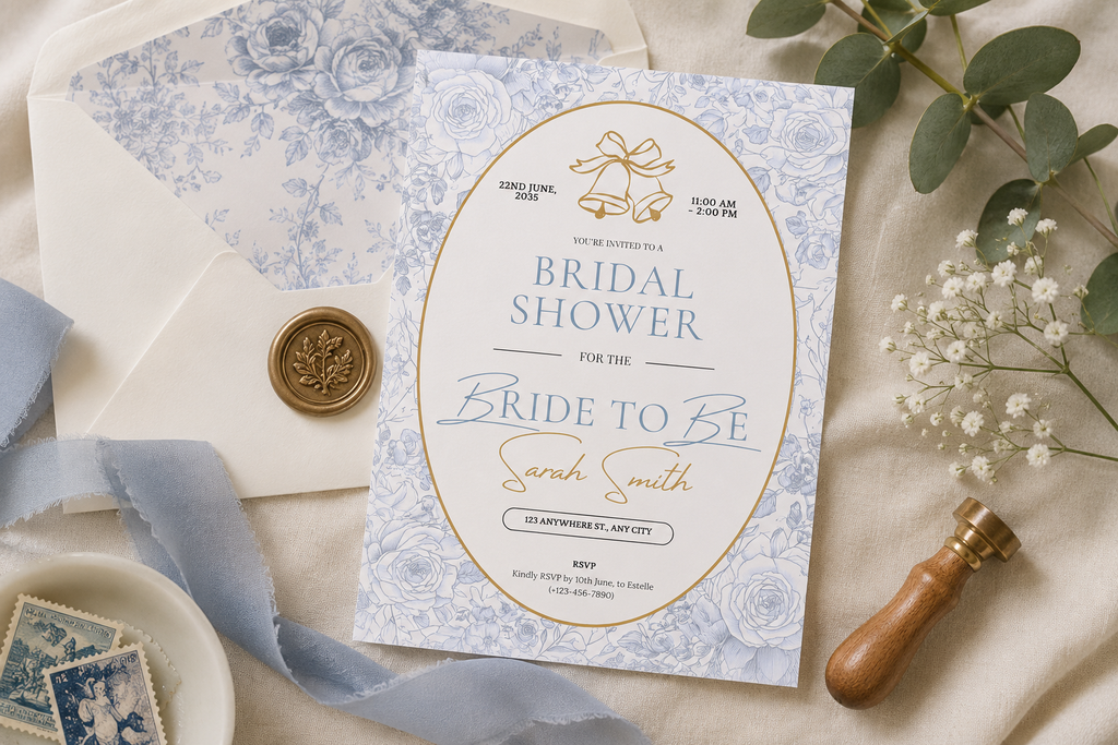 Editable Bridal Shower Invitation Blue Toile Collection Template
