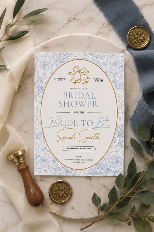 Editable Bridal Shower Invitation Blue Toile Collection Template