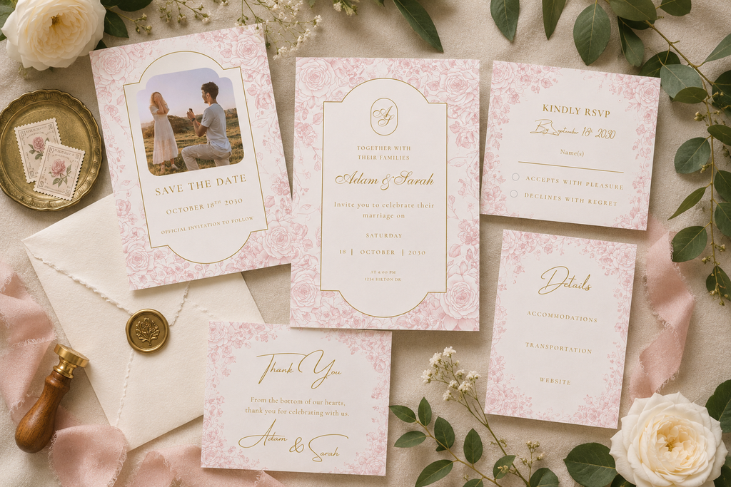 Editable Blush Pink Toile Wedding Invitation Suite Template