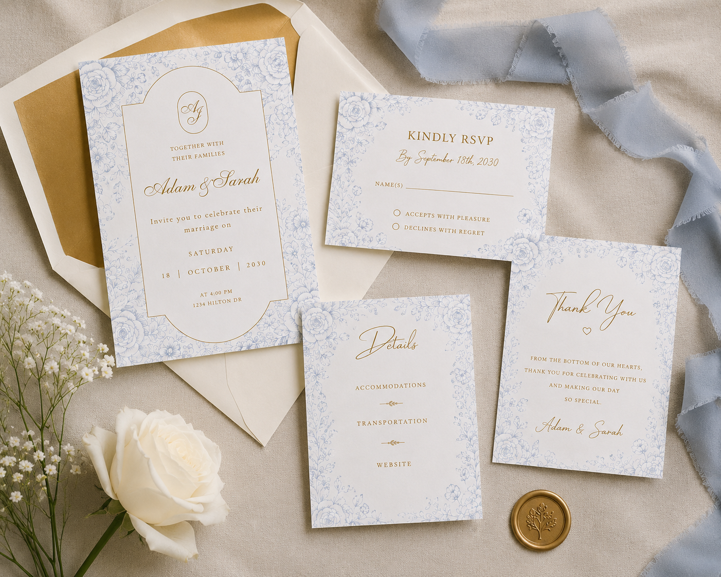 Editable Blue and White Floral Toile Wedding Invitation Suite Template